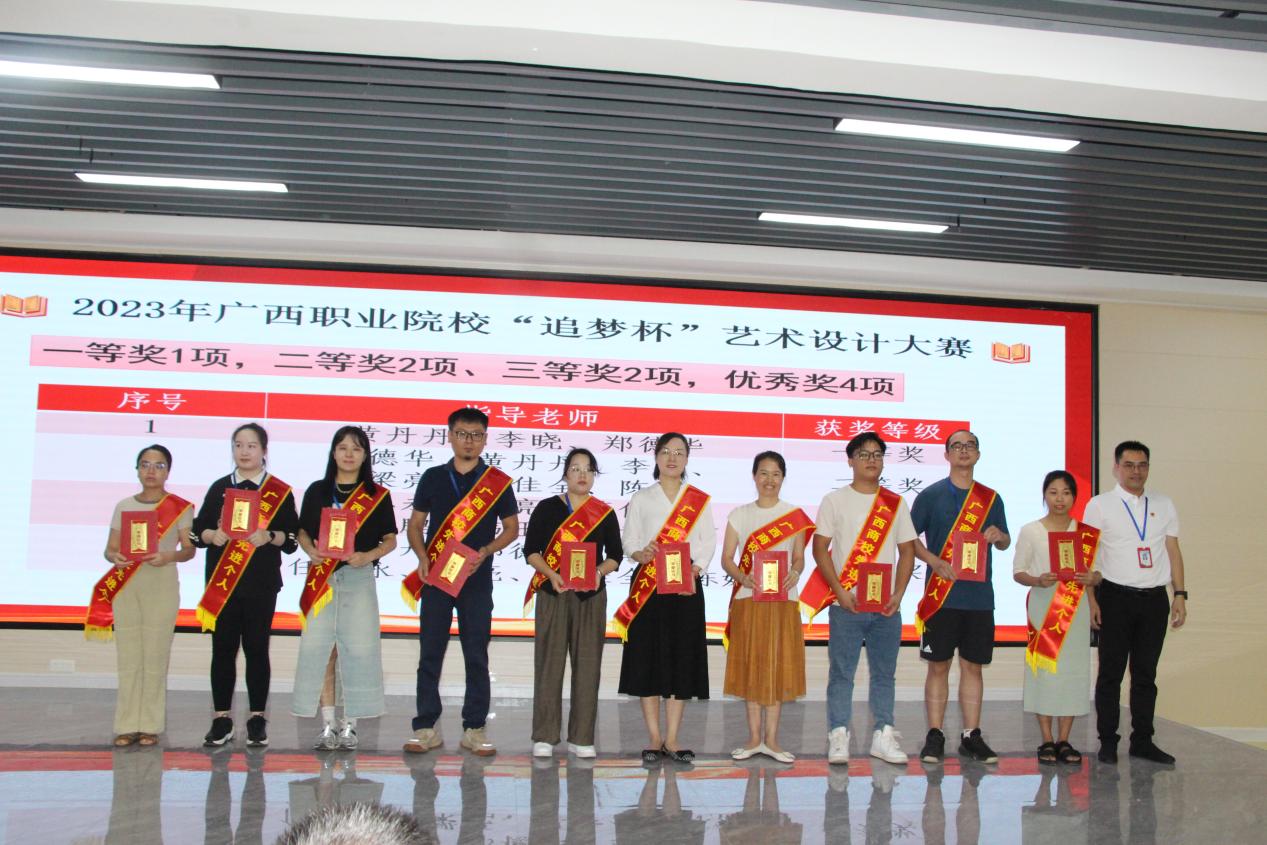 8.学校副校长吴天元（右一）为参加2023年广西职业院?！白访伪币帐跎杓拼笕⑷倩褚?、二、三等奖及优秀奖的指导老师颁奖并合影留念